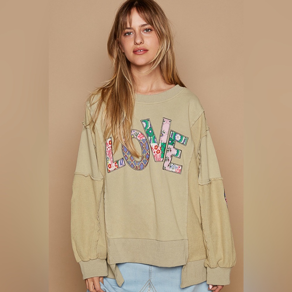 LOVE Appliqué Olive Green Women's Pullover Sweatshirt